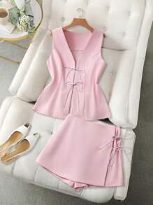 GlowEve CURVE 2 件女式纯色梭织修身无袖上衣 + A 字裙套装，优雅夏日装 - 粉色 - 查看 1