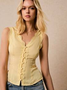 Poéselle Áo màu vàng bơ, áo thời trang nữ màu trơn phối ren cổ chữ V cài một hàng khuy, thích hợp cho đi chơi, mặc hàng ngày, đi nghỉ mát, hẹn hò, đi làm và các dịp khác. - Màu vàng - Xem 3