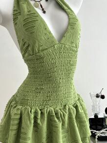 SHEIN Unity Vestido corto con volantes en la cintura, halter y espalda descubierta de unicolor para mujer - Verde - Ver 4