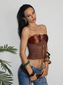 EgrlEra Women's Vintage Floral Print Lace Patchwork Sexy Cropped Camisole Top - Multicolor - View 3