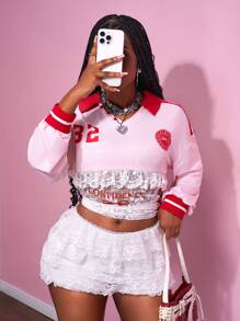 Slaydiva 2025 New Summer Casual Street Sweet Hot Girl Style Y2K Daily Date Birthday Party Shirt Collar Lapel V-Neck Drop Shoulder Red Striped Lace Splicing Knitted Fabric Pink And Red Bow Pattern Slogan Logo Printing Retro College Style Loose Long Sleeve Long Women's T-Shirt-A