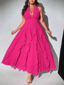 Viva Relle 大码女式优雅纯色露背蝴蝶结荷叶边下摆波浪海滩生日派对俱乐部音乐节连衣裙，春夏新品