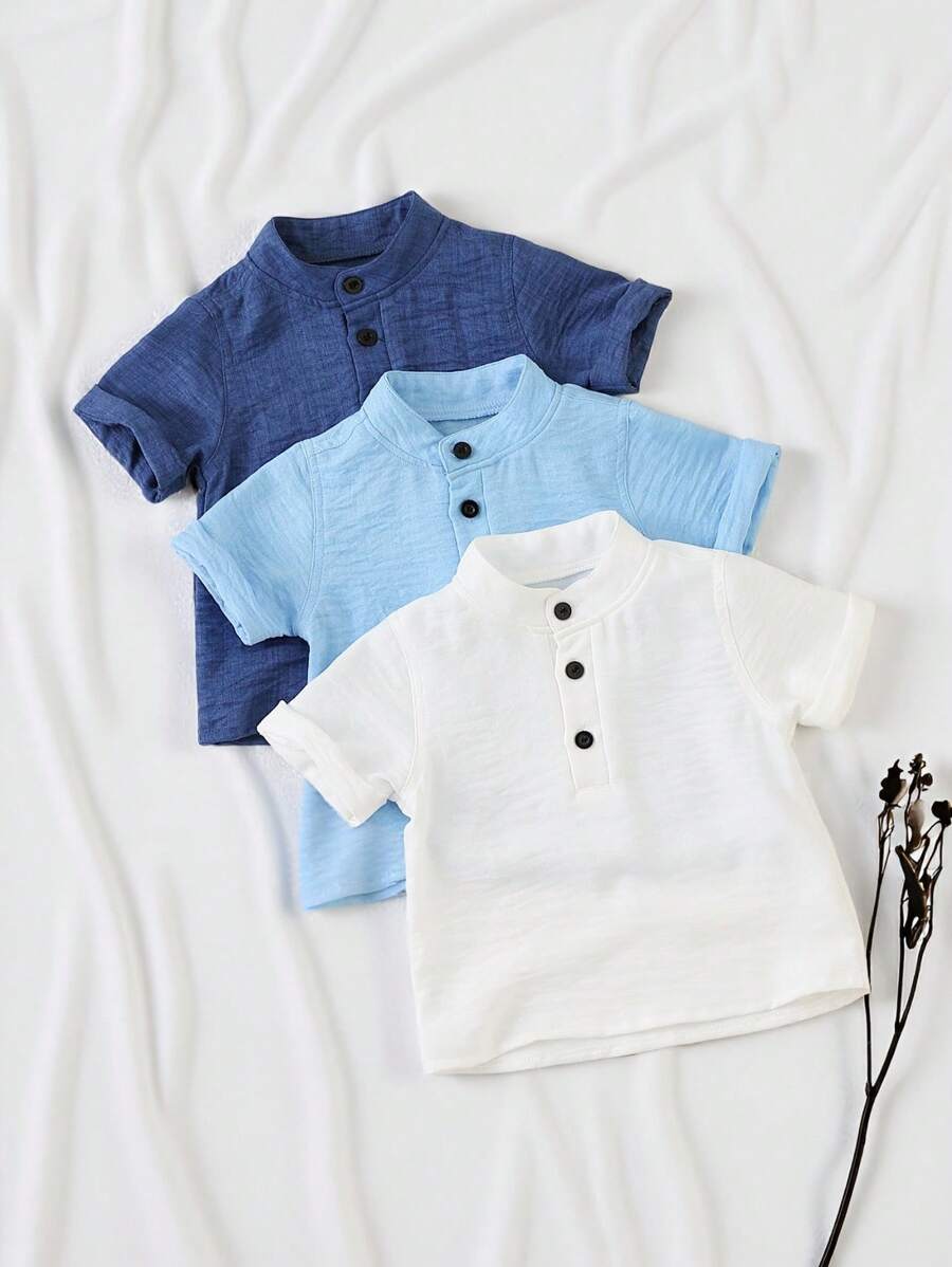 SHEIN Vintaside Kids 3件套男婴纯色半开襟高领POLO衫，休闲柔软舒适短袖上衣，适合日常穿着、旅行、春夏休闲简约风上衣 - 寶藍色 - 查看 1