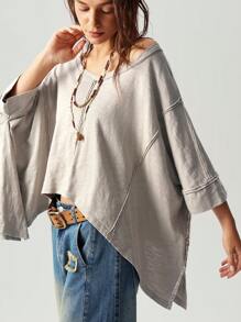 Bohemela 纯色针织V领短袖宽松水洗大码T恤