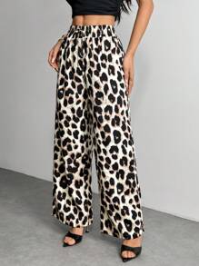 SHEIN PETITE 女式豹纹休闲宽松长裤 女式夏季、秋季女装
