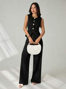 SHEIN PETITE 无袖休闲长款开衫套装女士办公室服装秋冬商务女士服装 - 黑色 - 查看 5