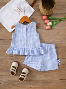 SHEIN Vintaside Kids 2 pièces Ensemble de vêtements casual mignon pour bébé fille avec camisole à bretelles et shorts à carreaux, pour les sorties en extérieur
