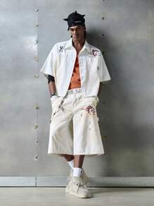 NEON BLANC 男士休闲街头风梭织牛仔短裤，校园风 - 黑色 - 查看 7