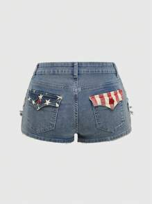 ROMWE Avant Plus Size Women 4th Of July Retro America USA Flag Print Distressed Denim Shorts, Pin-Up Style - Multicolor - View 2