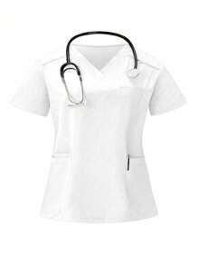 TaskEZ Women's Plus Size Solid Color V-Neck Short Sleeve Pocket Top And Pants Uniform Set