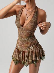 SHEIN ICON 挂脖复古拼色佩斯利印花紧身褶饰不对称下摆迷你连衣裙