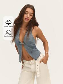 Nöista Cropped Blue Denim Vest With Frayed Edges Cropped Denim Vest With Frayed Edges, A Versatile Piece For Layering In Casual And Festival-Ready. - Blue - View 1