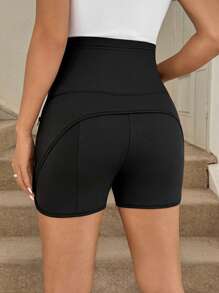 SHEIN Adjustable Waist Maternity Solid Color Pockets Casual Versatile Shorts - Black - View 2
