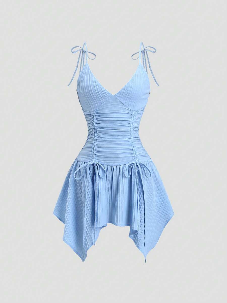 Sweetra 法国夏季新款蓝色纯色低背荷叶边设计修身裹身迷你连衣裙（女款） - 藍色 - 查看 1