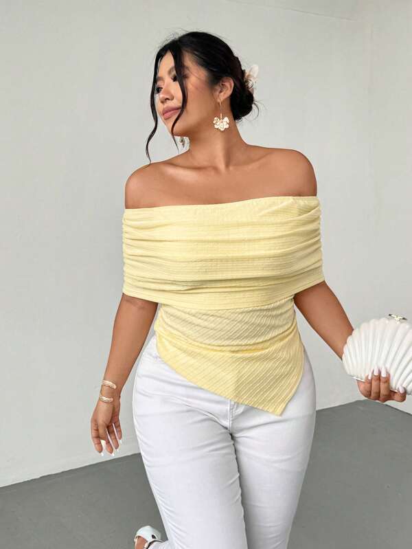 Firerie Plus Size Women's Comfortable Casual Elegant Resort Textured Off Shoulder Elastic Ruched Asymmetric Hem T-Shirt, Spring/Summer,Going Out Tops Women