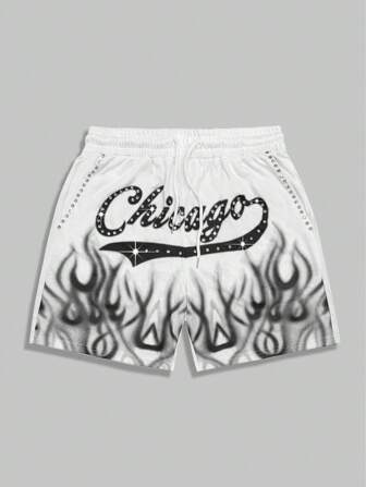 Street Life Herren Shorts mit Buchstaben Muster, Tunnelzug Taille, Taschen, Lässig