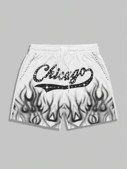 Street Life Herren Shorts mit Buchstaben Muster, Tunnelzug Taille, Taschen, Lässig