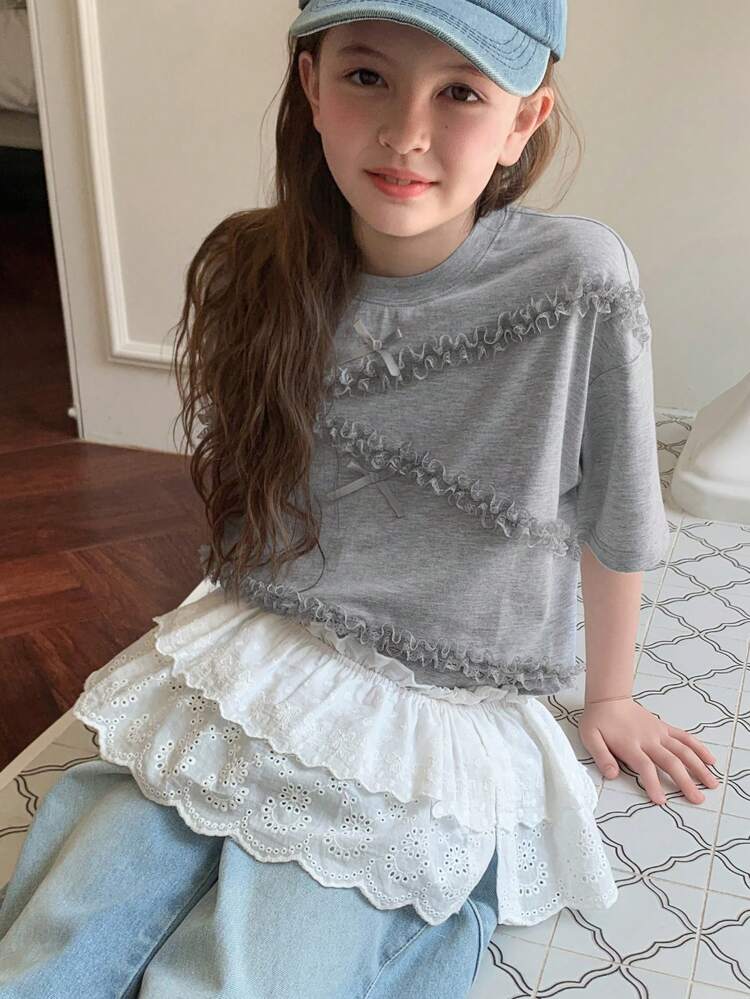 Tween Girl Bow Decor Round Neck Short Sleeve T-Shirt, Summer, Back To School