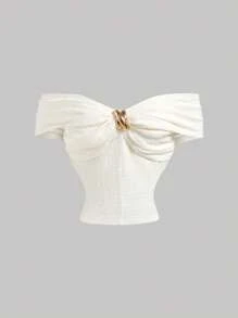 SHEIN MOD Vintage 70s Peach One-Shoulder Knit Top With Metal Button Accents And Waist-Cross Design, Paired With Peplum Midi Skirt - Perfect For Dates, Holidays, Vacations, Bohemian Style, Birthday Outfits, Festive Wear, And Cute Sets,Beach Outfits For Woman,Country Concert Outfit,Fairycore