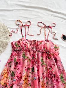 Soleia 梭织印花细肩带女式迷你连衣裙休闲装度假网眼连衣裙女式春装碎花连衣裙女式太阳裙碎花夏装夏季度假连衣裙玫瑰印花连衣裙女式夏装碎花太阳裙 - 彩色 - 查看 5