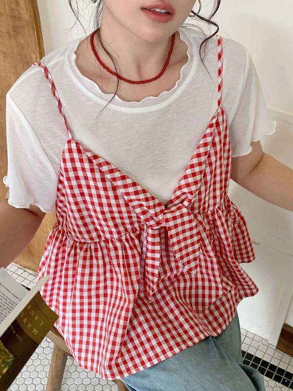 Dazy Plus 2pcs/Set Solid Round Neck White Top & Plaid Camisole, Tankdress