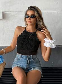 Serisse Women's Solid Color Spaghetti Strap Seashell Trim Fashionable Summer Sleeveless Cropped Ruffle Camisole Chic Black Casual - Black - View 7