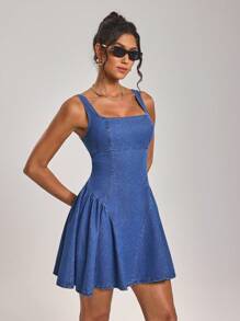 SHEIN Tall 女士休闲露背系带无袖牛仔连衣裙，适合日常穿着 - 藍色 - 查看 3