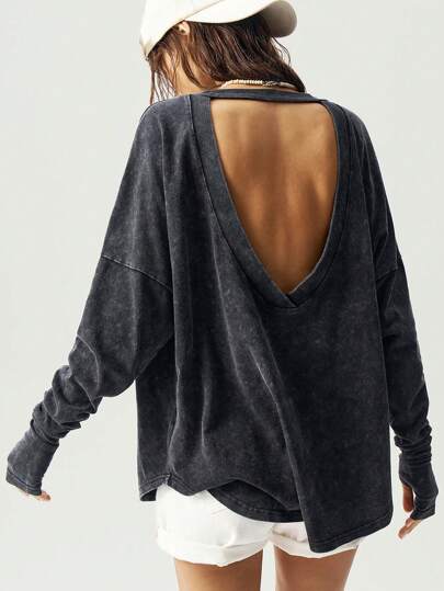 Bohemela Plus Size Women Tie-Dye Drop Shoulder Long Sleeve Hollow Back Casual T-Shirt,Vintage