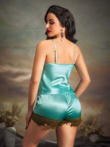 PinupPomp French Elegant Alluring Lace Camisole Women Pajama Set - Mint Green - View 2