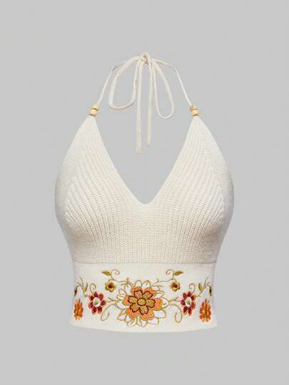 Fairycore Floral Embroidered Beaded Halter Plus Size Knit Top