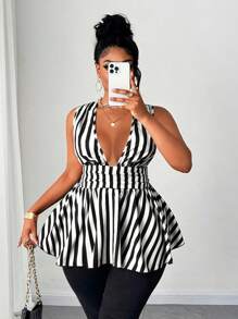 Maweii 大码女式数码条纹梭织休闲性感衬衫 - 黑與白 - 查看 2