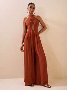 Zivah 2025 Summer New Style For Weddings, Birthday Parties, Daily Travel, Basic And Versatile, Leisure Vacation, Cruise Travel, Beach And Sunbathing, Popular Online Style, Street Style, Elegant Commuting, Business Casual, Deep V-Neck Halter Neck Cross Straps, Sexy Backless Pleated Loose Wide-Leg Pants, Red-Brown Summer Jumpsuit, Women's Jumpsuit - Rust Brown - View 6