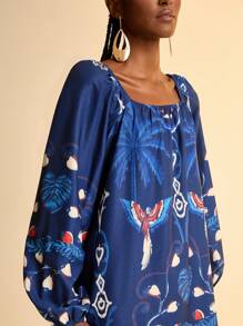 CAJUNI Vestido corto informal de manga farol de manga larga y línea A con estampado retro de pájaros tropicales y plantas en azul marino para mujeres