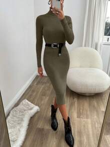 EURMUSE Women's Solid Color Knitted Sweater Dress, Suitable For Spring And Autumn,Petite - Army Green - View 3
