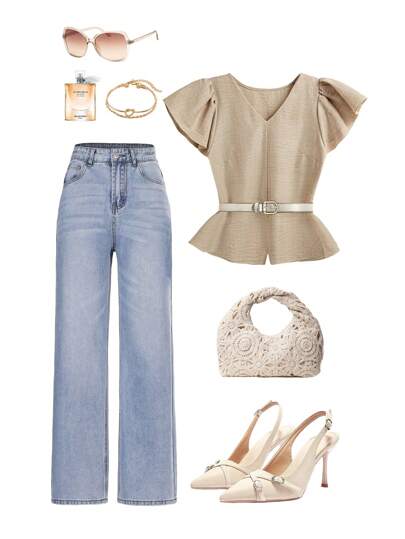 Ellevyn Apricot Faux Linen V-Neck Ruffle Sleeve Fitted Short Women Shirt, Work Suitable Summer Outfits For Women  Business Casual Woman Work Clothes Women Old Money Style Women Teacher Outfits For Women Old Money Style Summer Outfits For Women Business Casual Woman Office Outfits For Women Old Money Style Women Business Casual Women Office Outfits For Women