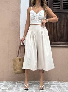 SHEIN Clasi 大码女式优雅休闲法式纯色前折后松紧腰七分裤，适合春夏通勤和度假 - 杏色 - 查看 6