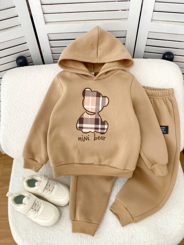 Conjunto de moletom e calça de moletom soltos, vintage, com estampa de urso e desenho animado, xadrez kawaii, casual e confortável para outono/inverno, adequado para meninos e meninas