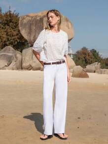 Lumivelle 女士休闲中腰直筒牛仔裤，带口袋，百搭 - 白色 - 查看 3