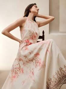Anewsta Spring/Summer Elegant Floral Print Halter Neck Waisted Women's Maxi Dress - Apricot - View 1