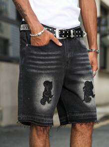 Manfinity EMRG 男士牛仔短裤，适合夏季的时尚 - 深灰色 - 查看 3