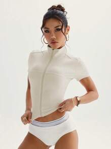 Easithlete 女士修身瑜伽健身运动休闲轻便立领拉链夹克 - 杏色 - 查看 5