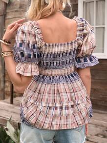 LanaWest 女款泡泡袖上衣，腰部收褶，下摆荷叶边 - 彩色 - 查看 2