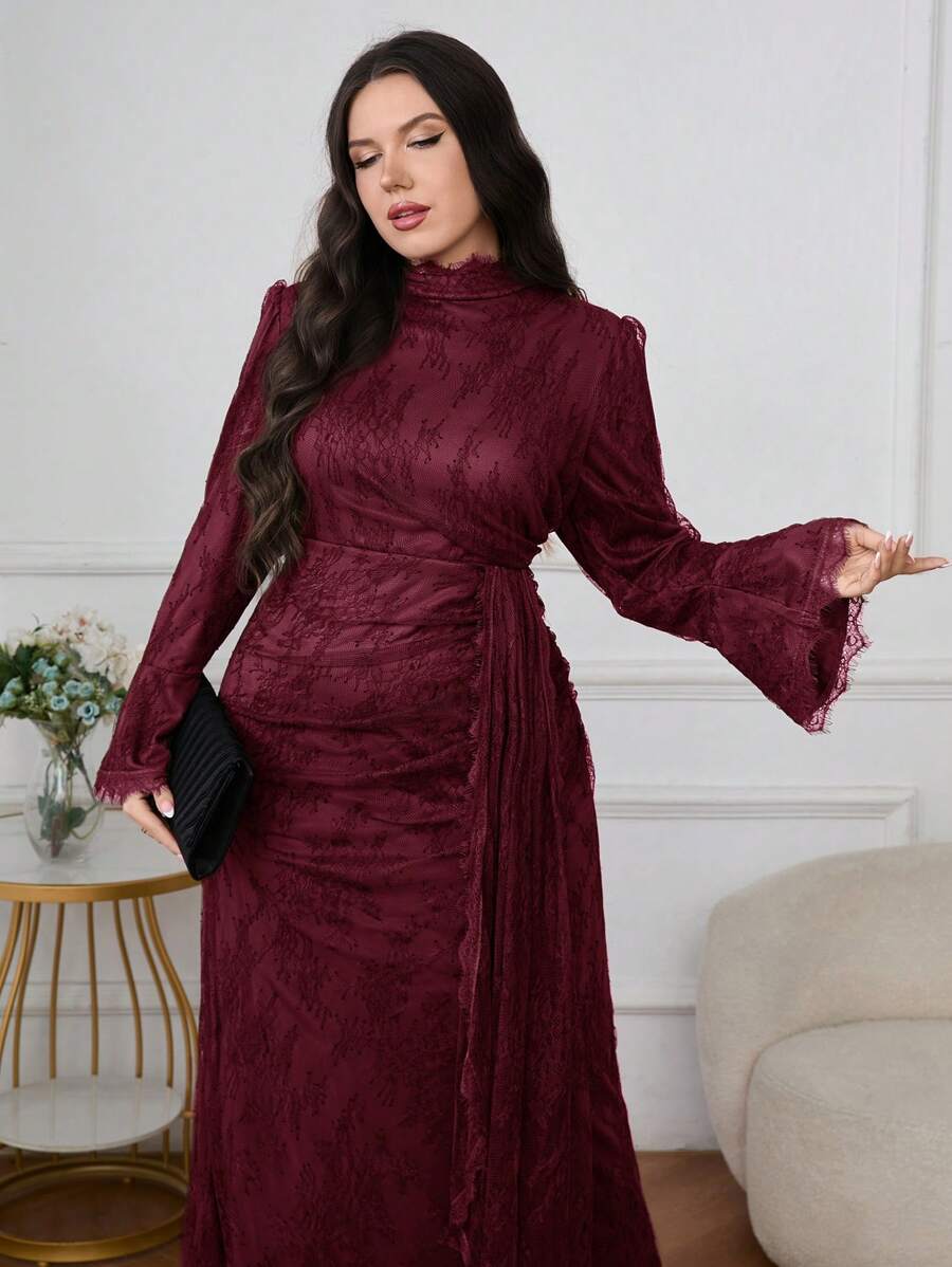 Graceveil 大码女式蕾丝喇叭袖优雅保守华丽阿拉伯风格连衣裙 - 酒紅色 - 查看 1