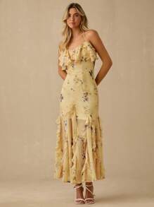 Enchnt 女式花卉印花无袖荷叶边修腰弹力雪纺优雅连衣裙，适合夏季 - 黃色 - 查看 5