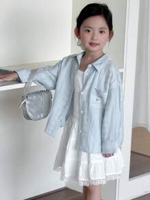 Dazy Kids 少女卡通兔子印花落肩单排扣衬衫 - 藍色 - 查看 3