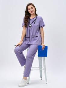 Scrubzie 两件套抗皱不对称领长上衣和长裤护士服 - 紫色 - 查看 3