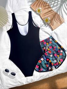 Teen Girls One-Piece Swimsuit Black Ditsy Floral Printed One-Piece Swimwear Shorts, Fashion Casual Elegant Design Suitable For Swimming, Beach, Pool In Summer Swimsuits For Teens Summer Swimsuits Two Piece Swimsuits Floral Swimsuits Tropical Print Swimsuits Summer Holiday