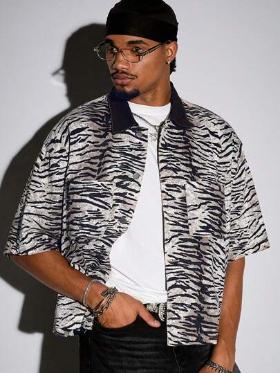 Grunge Punk Herren Jeanshemd mit Zebra-Streifenmuster