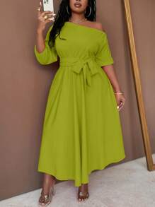 Maweii Vestido largo asimétrico tipo línea "A" con cinturón y cuello asimétrico para mujer de talla grande - Verde Oliva - Ver 3