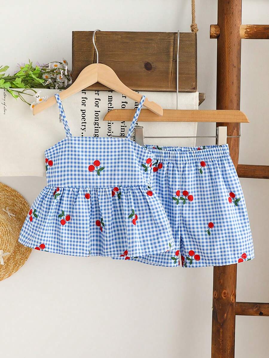 Girls (Small) Cute Plaid, Cherry Print Camisole Top & Casual Print Shorts Set, Suitable For Holiday, Summer